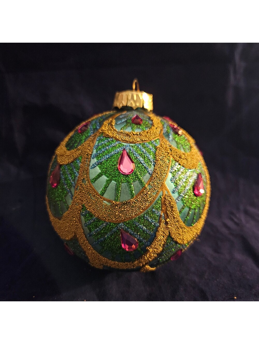 Vintage Green Glass Christmas Ornament with Gold Glitter and Pink Gem Accents